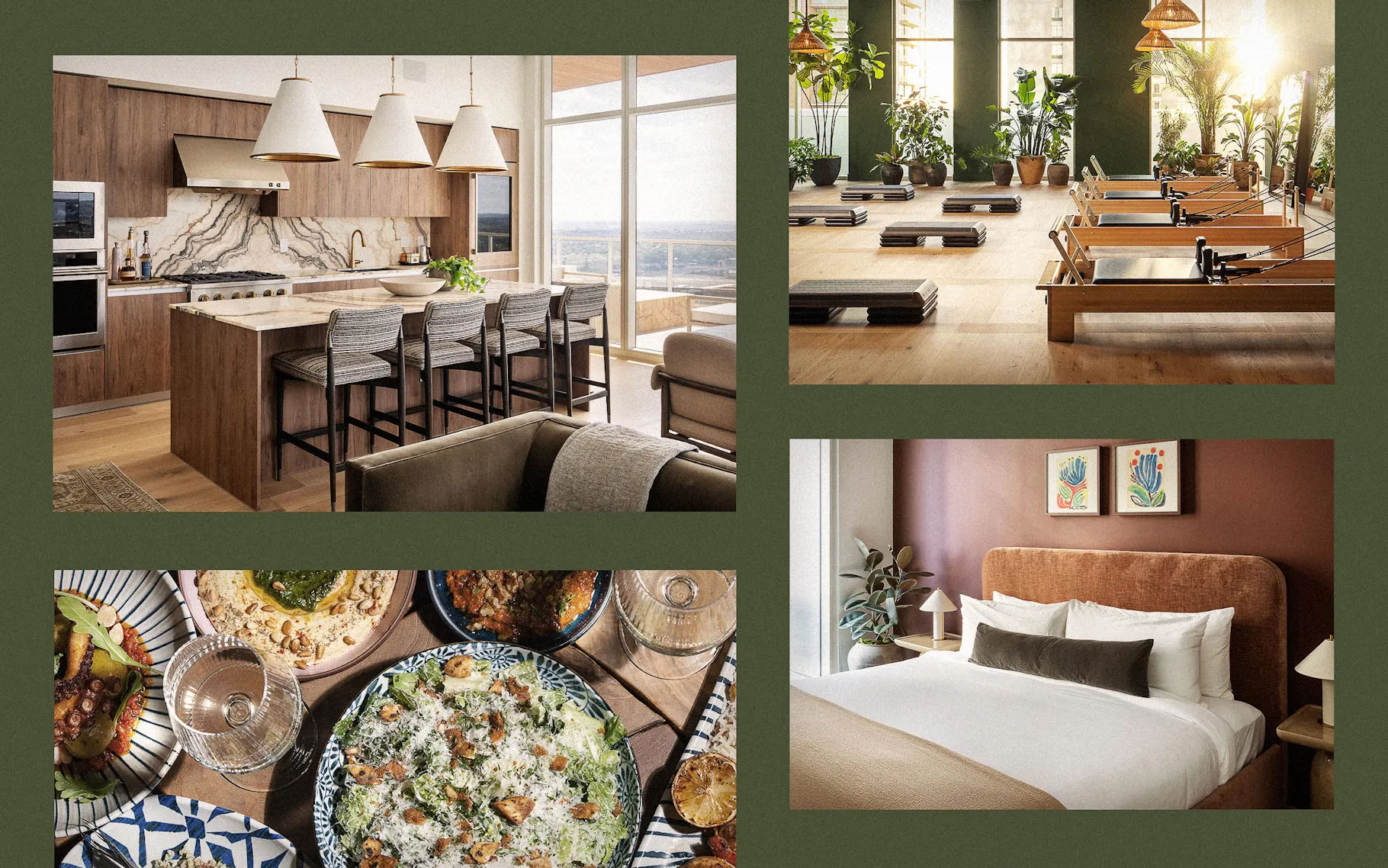 Roost Rainey, a new apartment hotel that opened in Austin in early 2025. Room and kitchen: Matthew Williams; pilates studio: Chase Daniel; Amaya: Courtesy of LV Collective